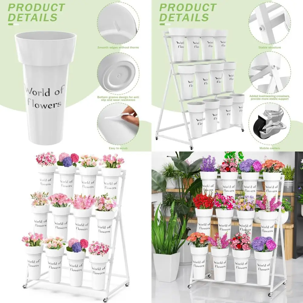 عربة زهور معدنية من 3 طبقات مع 12 دلوًا، بيضاء، بعجلات، حامل زهور محمول للمناسبات والاستخدام الخارجي #1