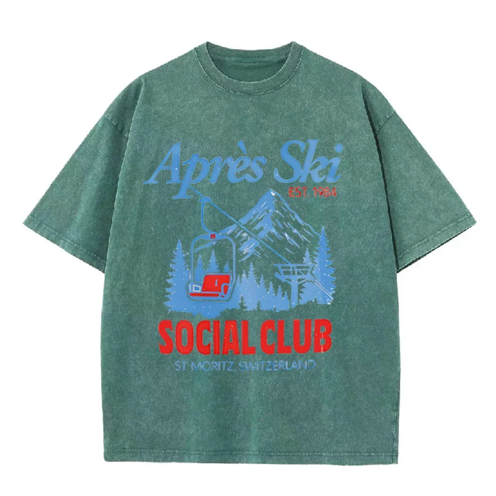 2026 Vintage Après Ski Mountain Cable Car Graphic Beige Washed T Shirt St Moritz Switzerland Outdoor Ski Social Club Oversized U