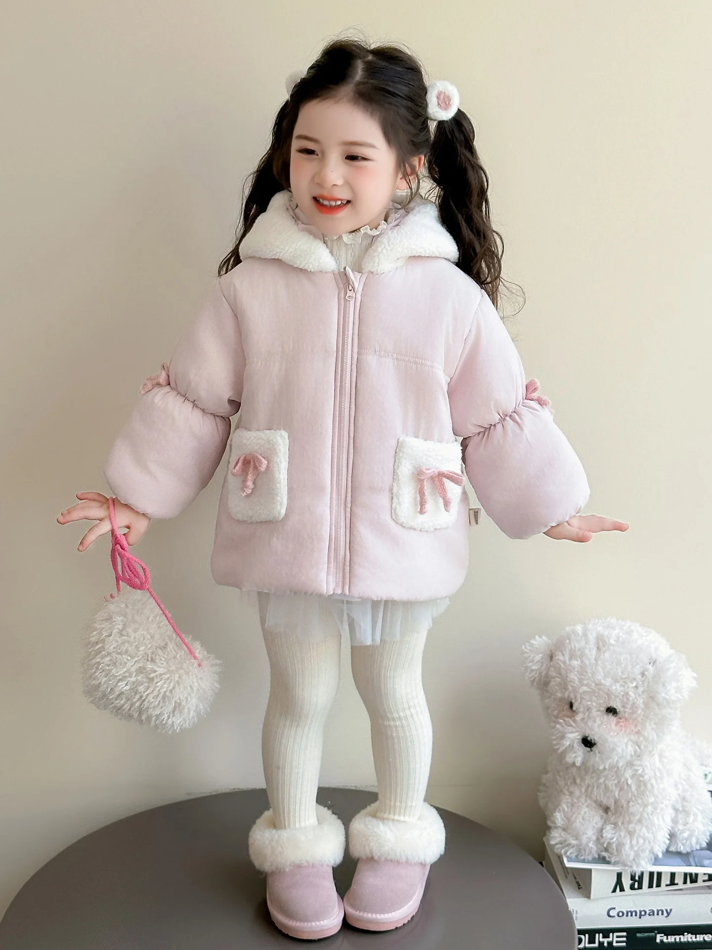

Girls Winter Thiened Cotton Jaet Rabbit Ear Hairpin Design Children's Coat Warm Cotton Clothes Sweet Sle Long Sve Ho...