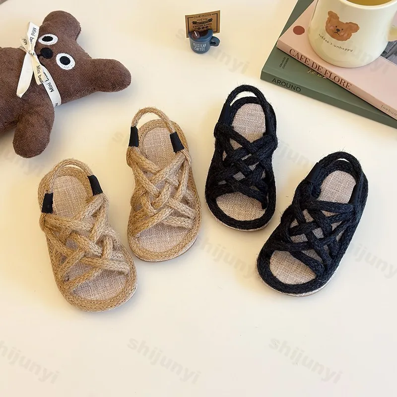 

Girls' Sandal 2025 Summer Children's Sandals Girls Open-toed Braided Boys Beach Flats Baby Shoes Breathable Hemp Rope Sandal