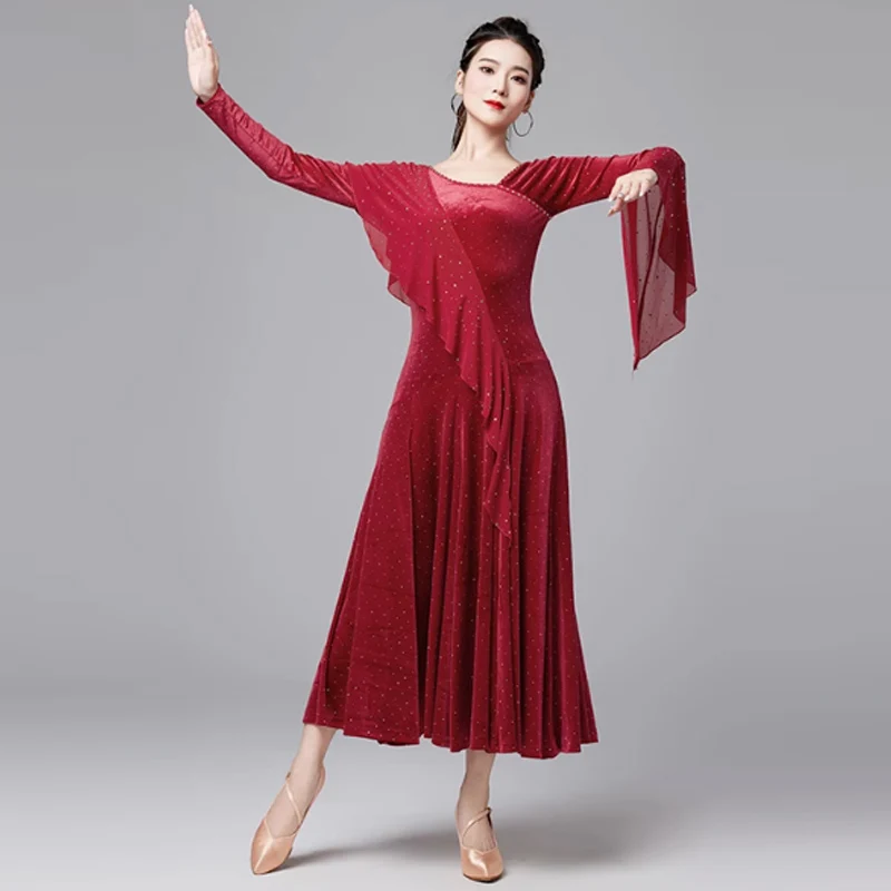 Ballroom Dance Dress Red Black Flare Long Sleeve Standard Dancing Costume Women Tango Waltz Dance Performance Wear DL11173