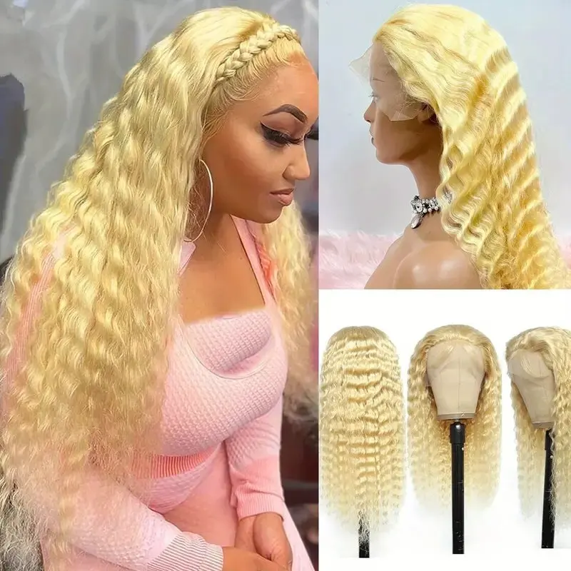 Blonde 22 38 Inch 613 Blonde 13x4 Lace Forehead Human Hair Wig Deep Wave Glueless Curly Hair 150 Density Women Human Hair Wig