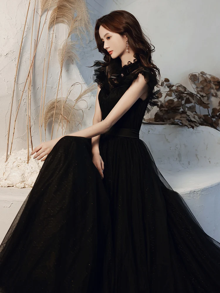 Robe de soirée noire de luxe, petite robe de bal de standing, dos nu, en Tulle, ajourée