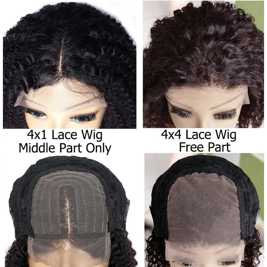 Perruque Lace Closure Wig naturelle Remy, cheveux crépus bouclés, 4x4, pre-plucked, transparent, partie libre, densité 180%