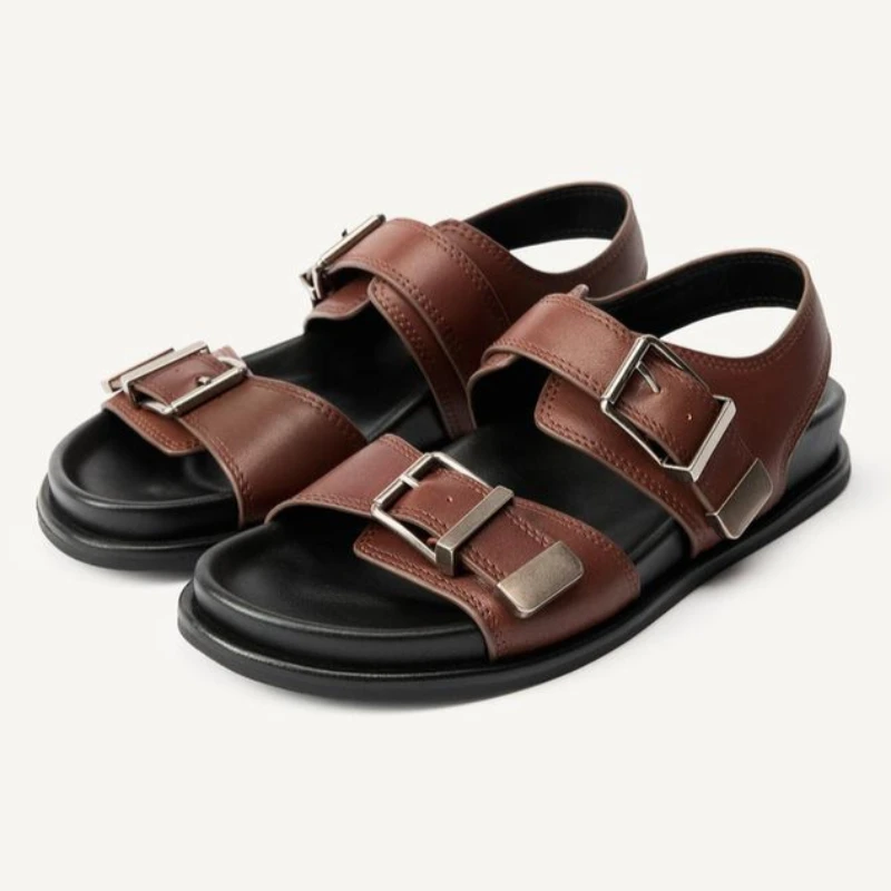 

2026 Summer Metal Buckle Design Flat Sandals Women Retro Brown PU Leather Platform Beach Sandals Casual Comfort Designer Shoes