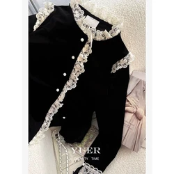 Women Shirt Blouse Lace  Autumn Winter Velvet Long Sleeve Top for  Blusas Ropa De Mujer Black 2024 Tops