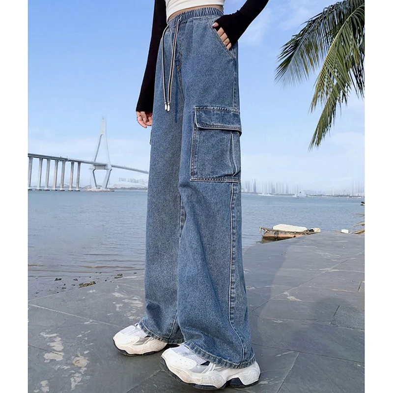 Fashion Solid Color Pockets Casual Cargo Jeans Female Clothing 2024 Autumn New Loose Elastic High Waist Straight Trousers