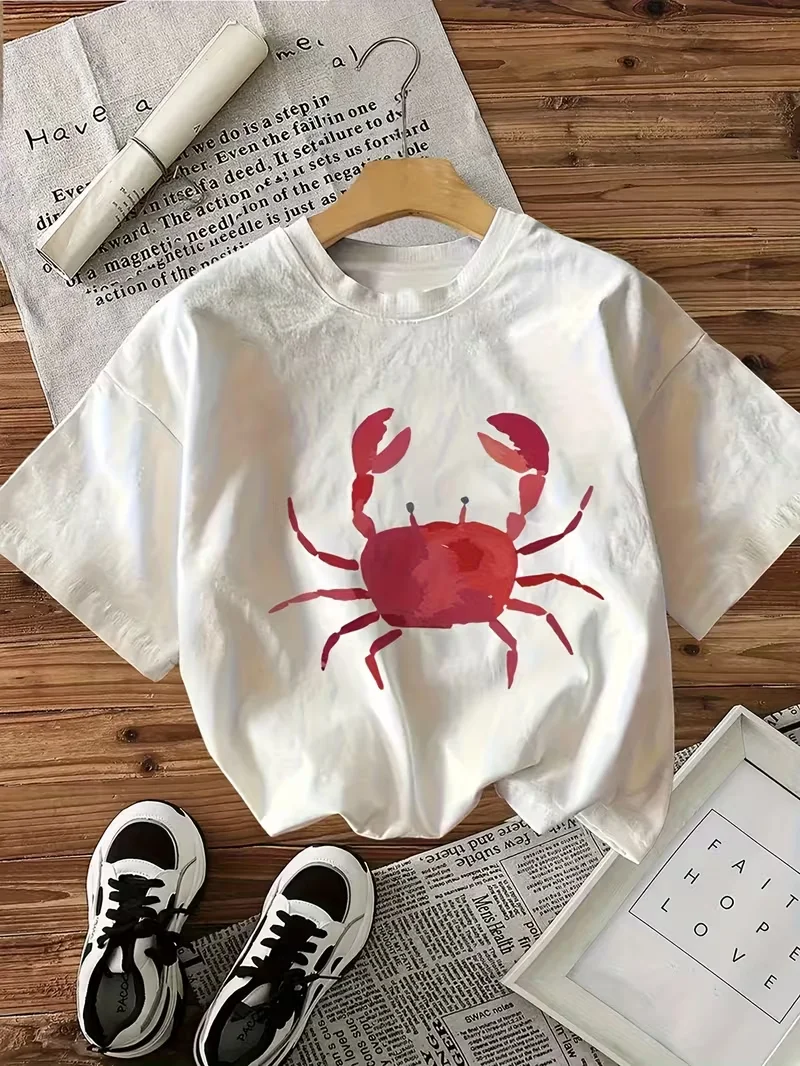 Camiseta Gráfica de Caranguejo Vermelho em Aquarela, Estampa de Praia de Verão para Amantes de Frutos do Mar, Camiseta Feminina de Manga Curta com Gola Redonda para o Dia a Dia
