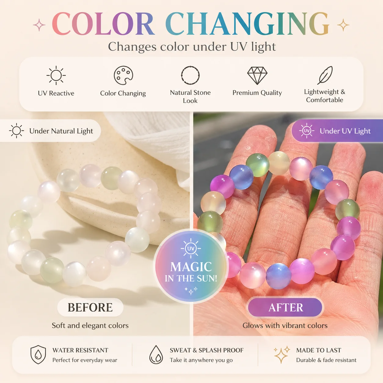 UV Color Changing Cat Eye Bead Bracelet Photochromic Light Sensitive Elastic Stretch Round Bead Minimal Fashion Jewelry Gift