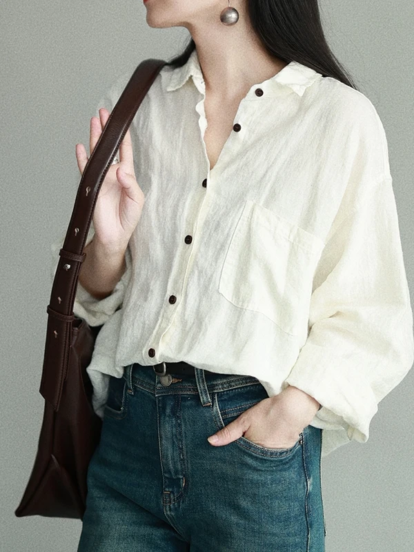 

Женская рубашка свободного кроя с длинным рукавом и воротником, оригинальный дизайн, из текстурированного льняного полотна, цвет белый песок