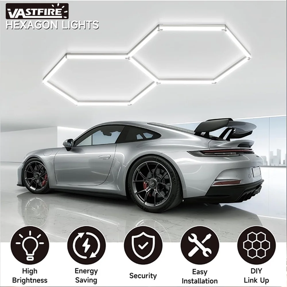 VASTFIRE honeycomb hexagonal LED ceiling light 6500K color temperature super bright, suitable for garages, gyms, 4S workshops
