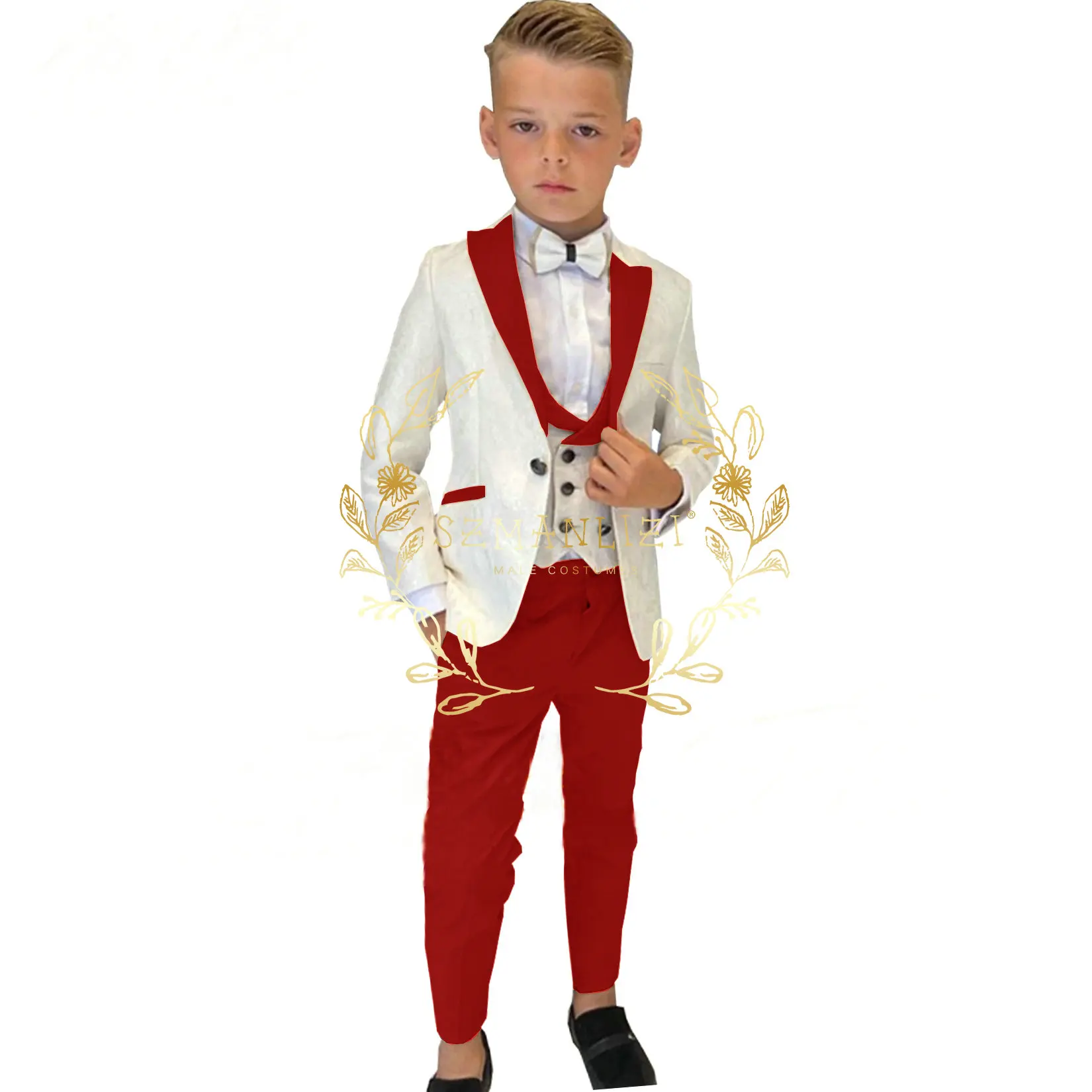 Ivory Jacquard Suit For Boys Formal Party Jacket Pants Vest 3 Piece 3-16 Years Old Wedding Tuxedo Kids Blazer Child Set