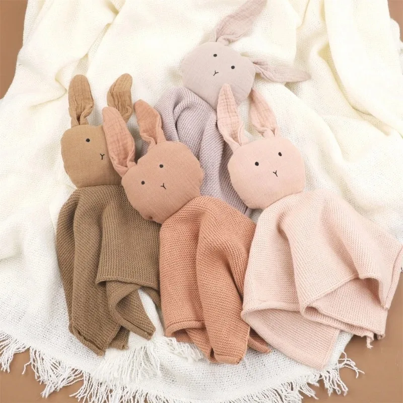 Personalized Name Cotton Knit Crochet Sleepy Bunny Towel Comforter Blanket Soft Head Stuffed Lovey Baby\'s sleeping Security Blan