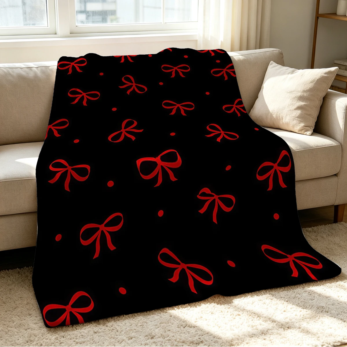 Red Bow Blanket Soft Cozy Throw for Sofa Bed Festive Holiday Decor Gift for Kids and Adults,Lightweight and Warm