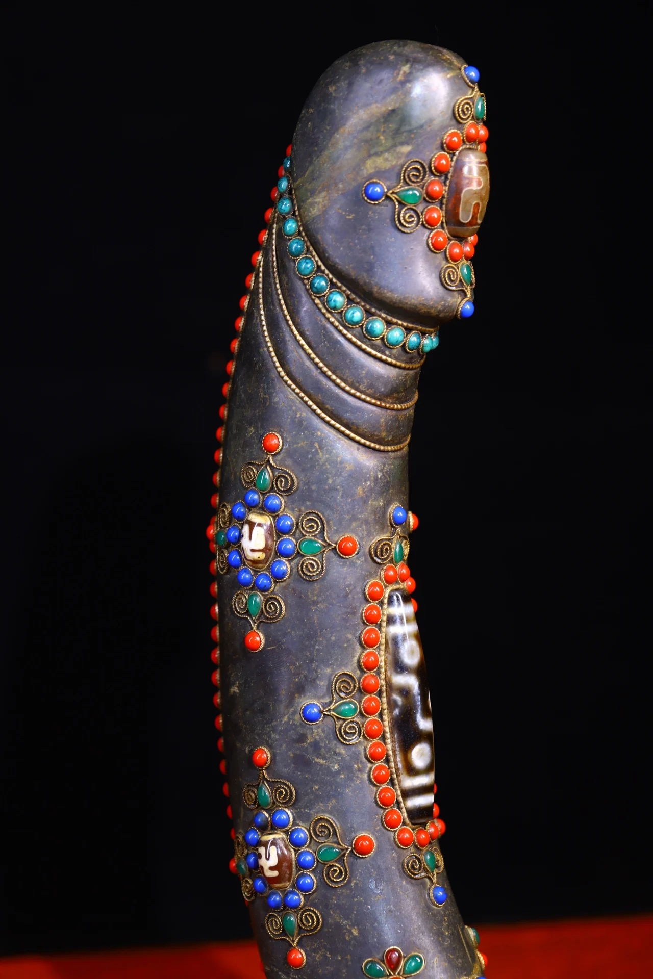 11”Nepalese folk  Old Natural Meteorite Mosaic Gem gZi Beads Giant sun god  genitals Pendant Town House Exorcism view 6