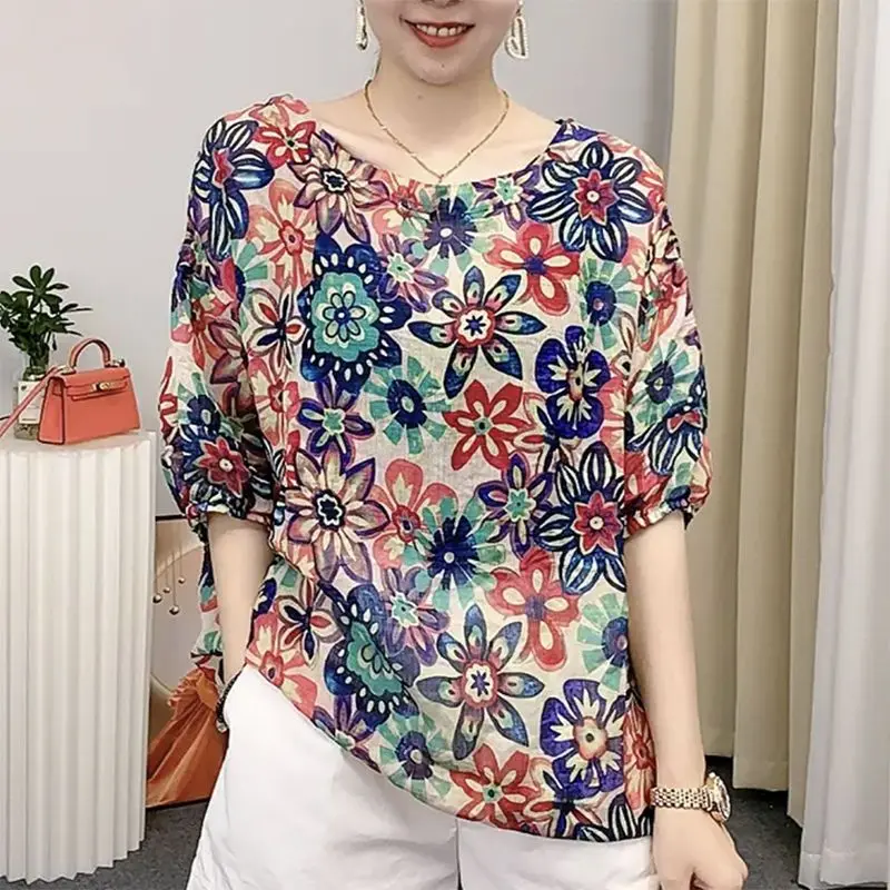 

Elegant Vintage Floral Printed T-shirt Women's Clothing Fashion 3/4 Sleeve Ruffles Spliced Korean Loose Drawstring Pullovers New