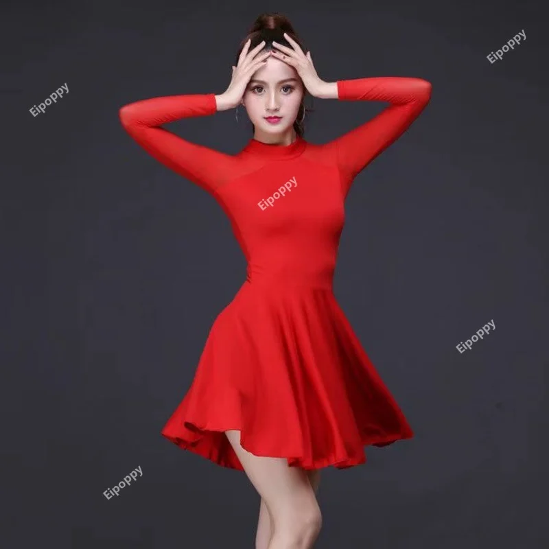 

New Fashion Sexy Long Sleeve Black Latin Dance One-Piece Dress for Women Female Cwboy Ballroom Tango Cha Cha Rumba Costumes