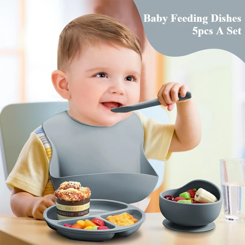 

Silicone Baby Feeding Set 5PCS Suction Plate Dishes BPA Free Straw Cup Waterproof Spoon Fork for Kid Learning Utensils Tableware