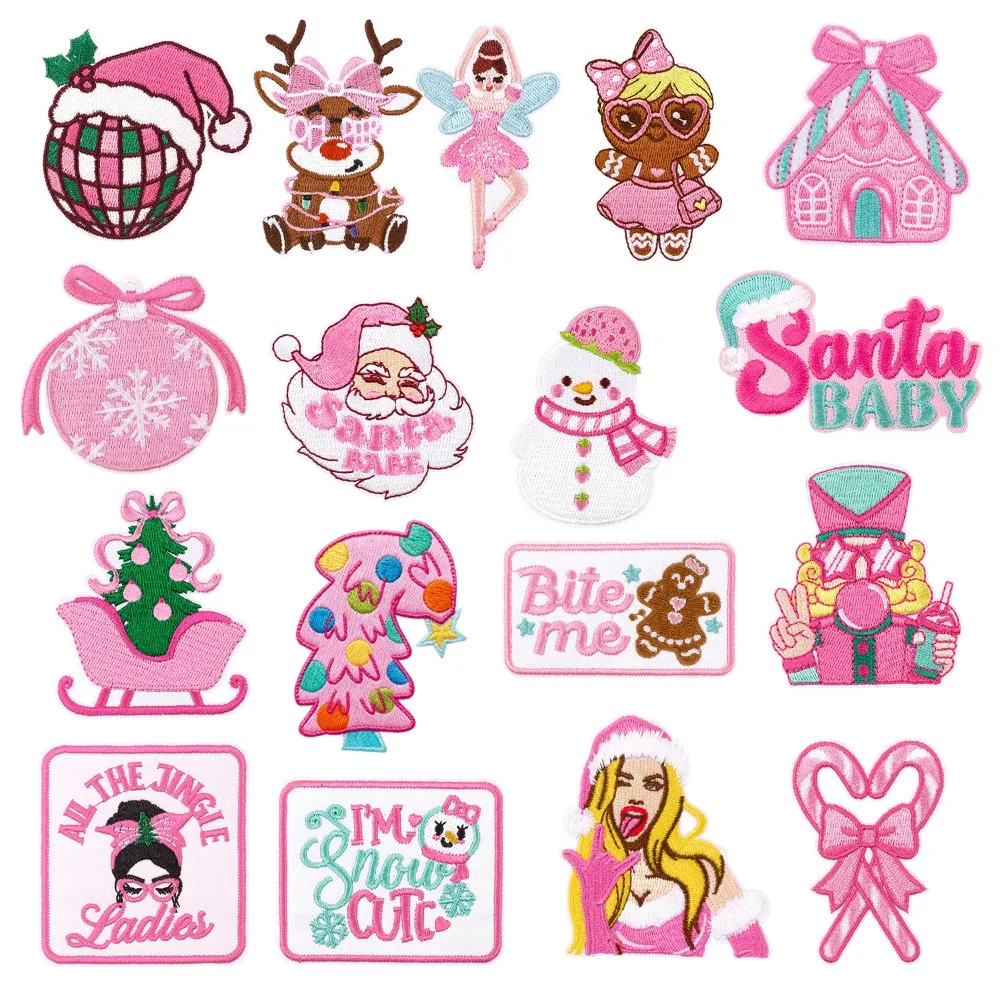 Pink Christmas Embroidery Patches DIY Backpack T-shirt Cartoon Santa Claus Iton on Patch Sticker Sewing Decor Repair Applique