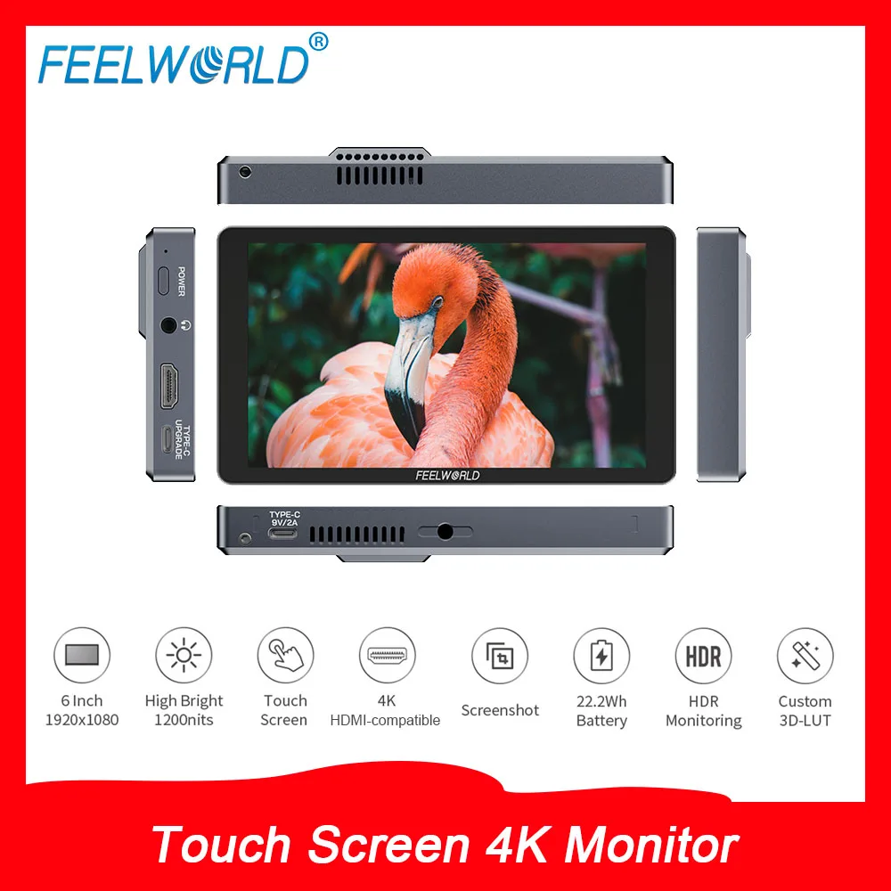 

FEELWORLD P6XL 6'' Touch Screen 4K Monitor Built-in Battery for DSLR Camera Field HDMI-compatible High Brightness 1200nit
