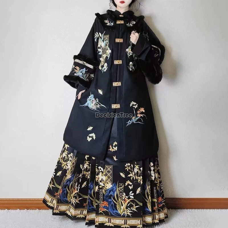 2025 الصينية تحسين سلالة مينغ hanfu المرأة الشتاء نمط سميكة التطريز جولة الرقبة قميص طويل مطوي تنورة hanfu مجموعة