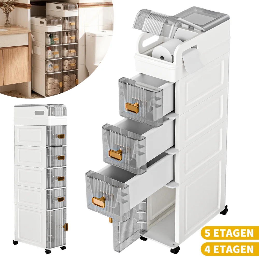 Image of 4/5-stufiger schmaler Aufbewahrungsschrank, Badezimmerschrank, Kunststoff-Aufbewahrungsschrank mit Tür, schmale Unterseite, für kleine Räume, einfach zu montieren, vielseitig einsetzbar.