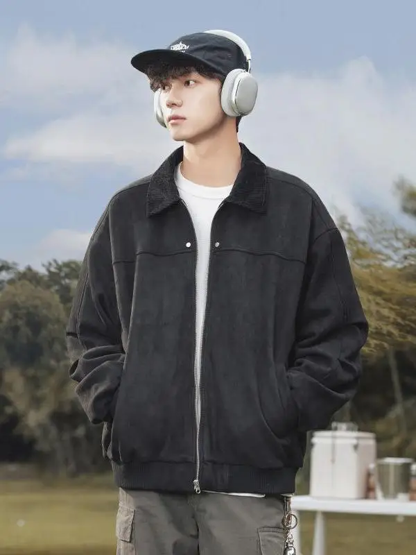 Retro American Suede Jaet Loose Fit for Men And Women Spring New Sle Velvet Core Splicing Rivet Decoration Outerwear