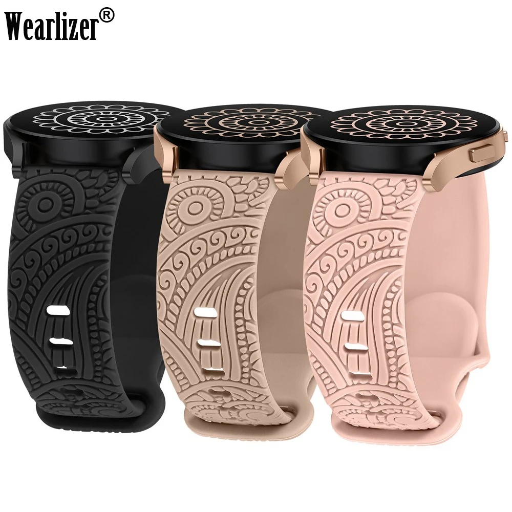 Wearlizer 20mm Floral Engraved Band for Samsung Galaxy Watch 6/5/4 40mm 44mm Silicone Sport Strap for Watch 6 Classic/Active 2