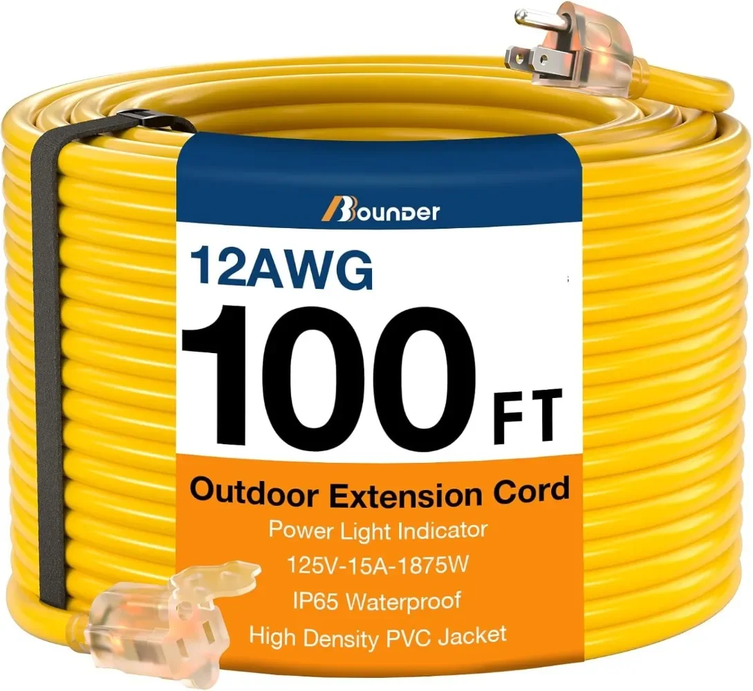 

Outdoor Extension Cord 100 FT Waterproof, 12/3 SJTW Heavy Duty15A1875W, Flexible 100% Copper 3 Prong Cords for Commercial Use