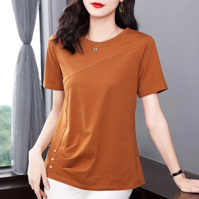 

Pure Color ort Sve T-irt Women Summer New Middle-aged Commute Sle round Ne Button Detail Polyester Fiber 00%