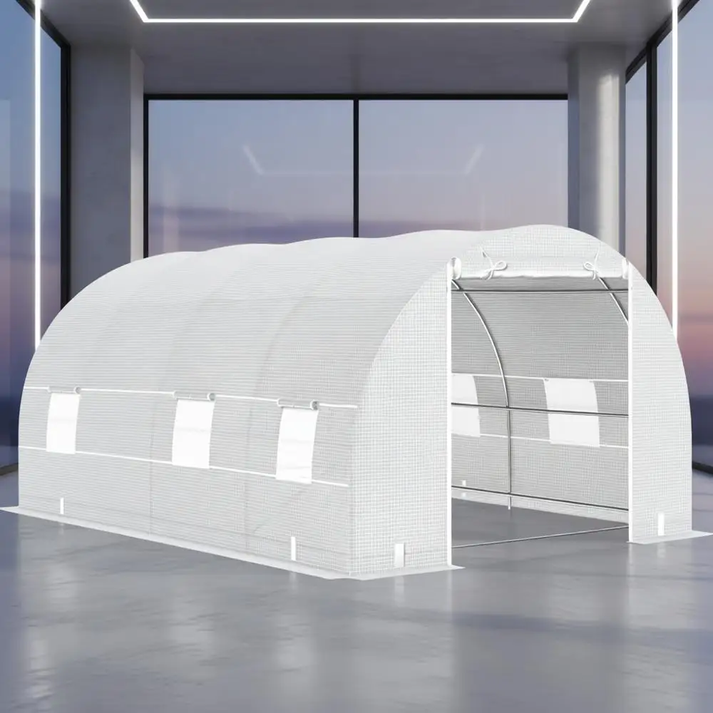 

10ft x 20ft x 7ft Walk-In Greenhouse Tunnel with Zipper Door and 8 Vent Mesh Windows, White, Large Garden Kit, Galvanized Steel