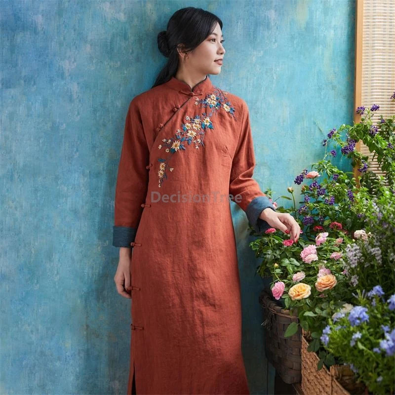 

2026 winter retro literature art embroideried linen qipao thicken quilted warm improved chinese qipao loose fashionable dress