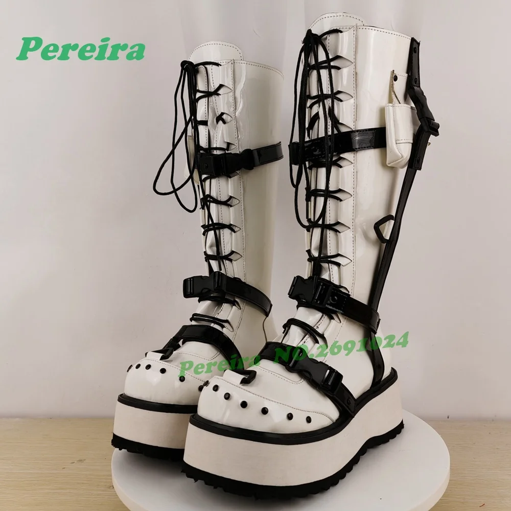 Silver Platform Rivet Knee High Boots Gothic Height Increasing Pocket Decor Women's Long Boots Cross Tied Lace-Up Patchwork Shoe