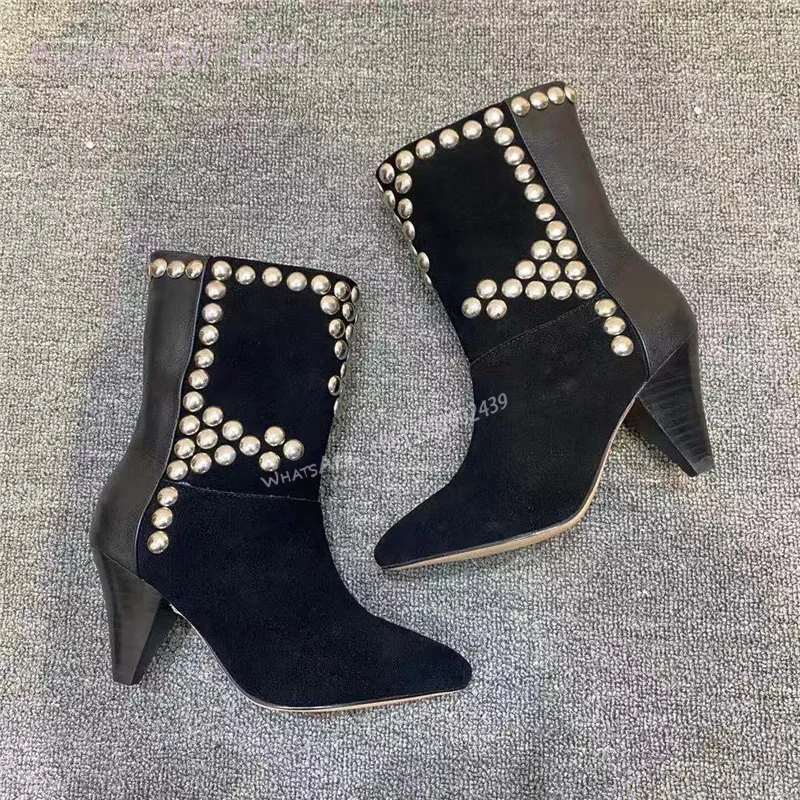 Cone Low Heel Studded Totem Suede Boot Women Fashion Black White Knee High Ankle Booties Silver Beaded Street Style Catwalk Shoe