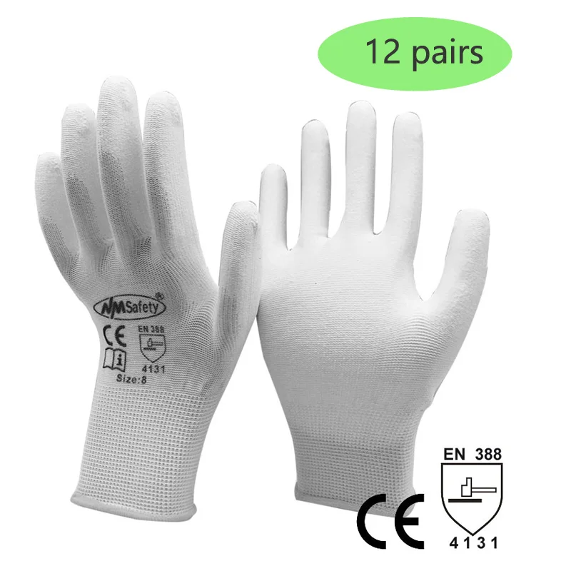 

NMSafety 12 Pairs Seamless Knitted White Nylon Liner Coated PU Rubber On Palm Protective Anti Static Safety Work Gloves