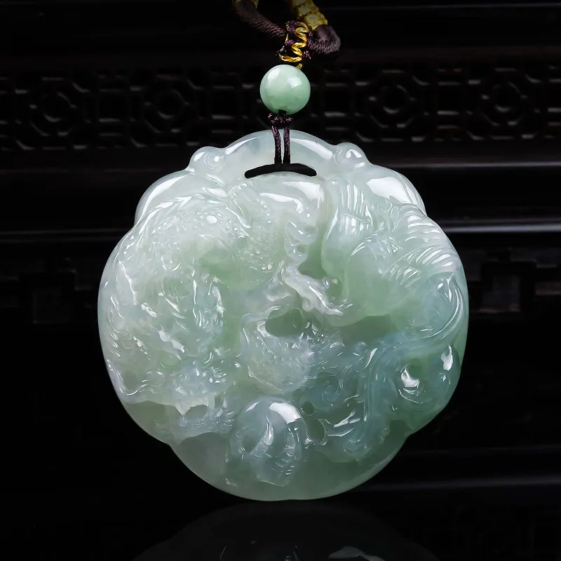 Natural A-grade jadeite dragon and phoenix auspicious three-dimensional exquisite aged high ice jade pendant beauty temperament