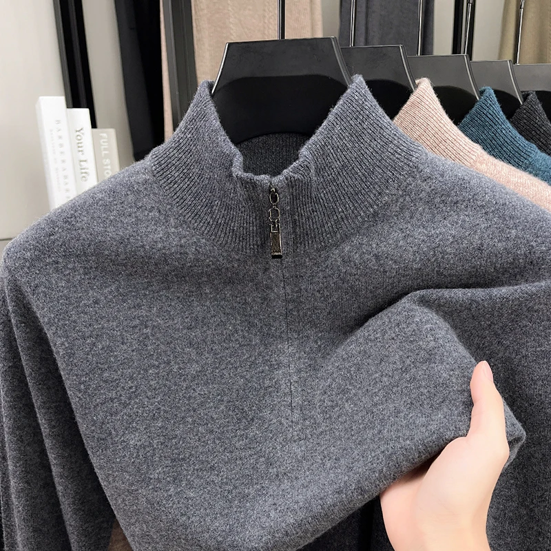 High-End Luxury Man Long Sleeves Knitwear 100%wool Half-Zip Mock Neck Solid Color Korean-Style Youth Vitality Pullover Men'swear