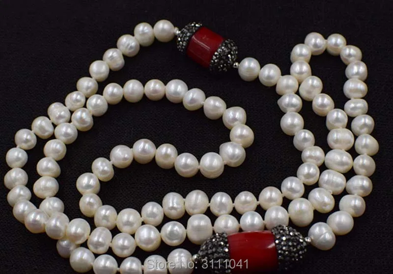 freshwater pearl white near round 8-9mm and red bamboo coral baroque flat/pillar  necklace 80cm FPPJ wholesale beads nature