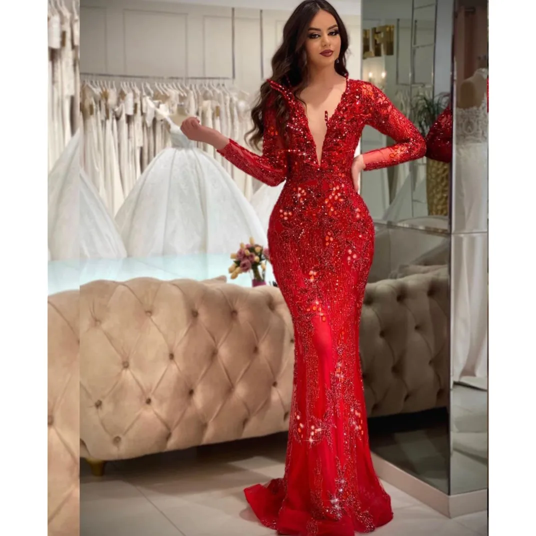 Red Mermaid Evening Dresses Long Sleeves V Neck  Sequins Sexy Beaded 3D Lace Diamonds Sparkly Zipper Prom Dresses Custom Made