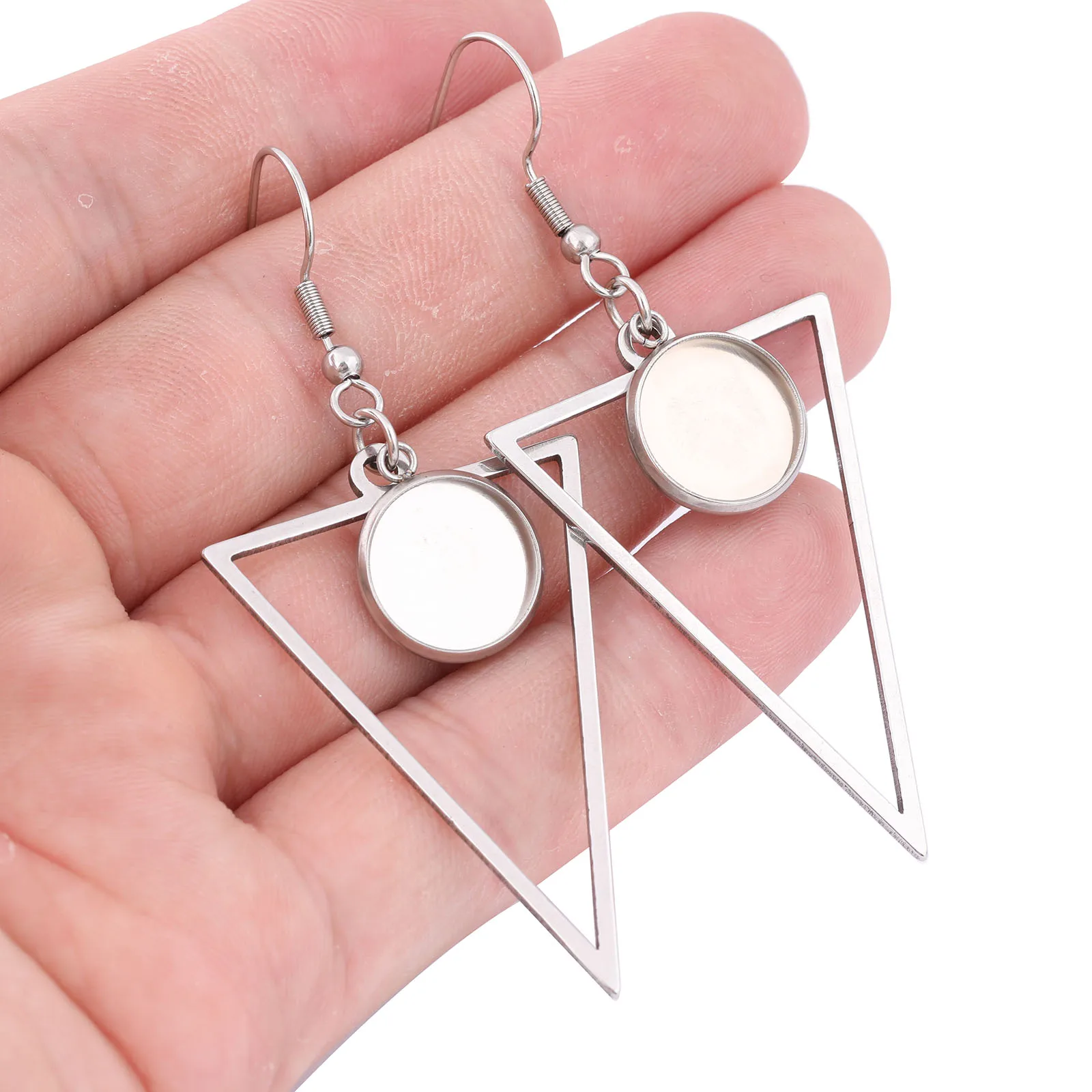 

6pcs Stainless Steel Triangle Hoop Earring Base Blanks Fit 12mm Cabochon Bezel Setting Trays Diy Ear Hooks Findings