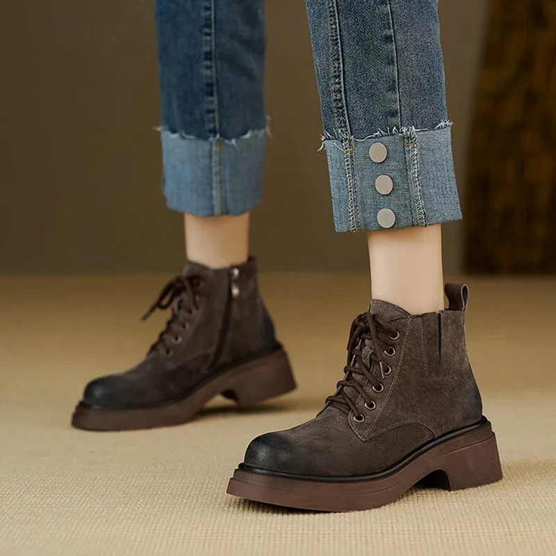 Autumn Women Boots Genuine Leather Boots Women Round Toe Chunky Heel Boots Winter Short Boots Casual Platform Shoes for Women