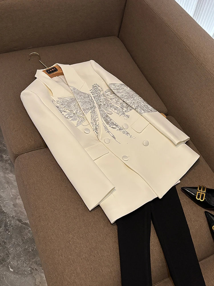 

Ele European Sle Women's Long Sve Suit Jaet Heavy Rhinestone Embellied Profional Commute Faion Loose Fit