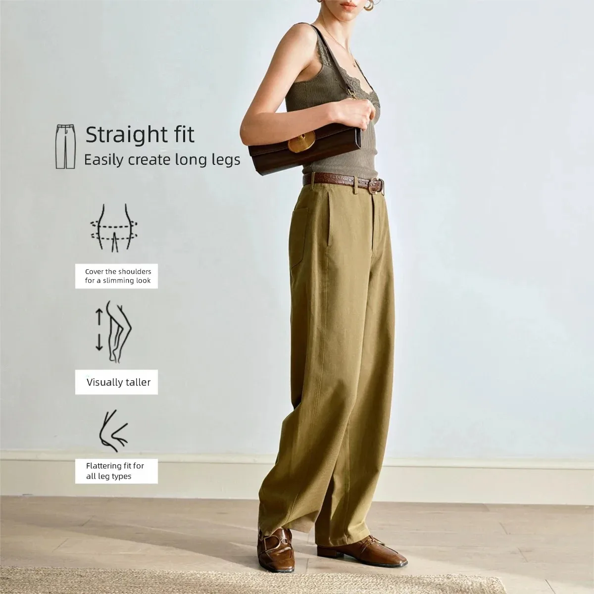 OLrain Casual Hong Kong Style Pants 2025 New Women's Autumn Versatile Relaxation Pant Loose Solid Straight Trouser O57QK000661