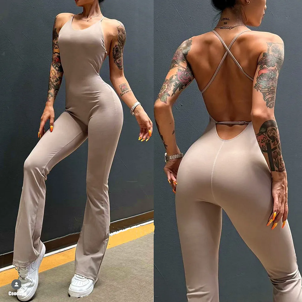 2024 Pad Adjustale Back Belt Bodycon Jumpsuit Women Sports Pant Fitness Flare Legging Outfit Gym Suits Bodysuit Female Yoga Sets