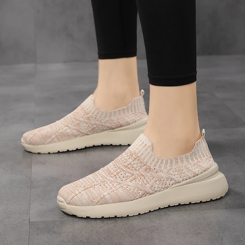 Beige 42 Sock Sneakers Women\'s Shoes Knitting Spring Summer Slip on Flat Shoes Women Plus Size Loafers Flats Shoes Walking Famal