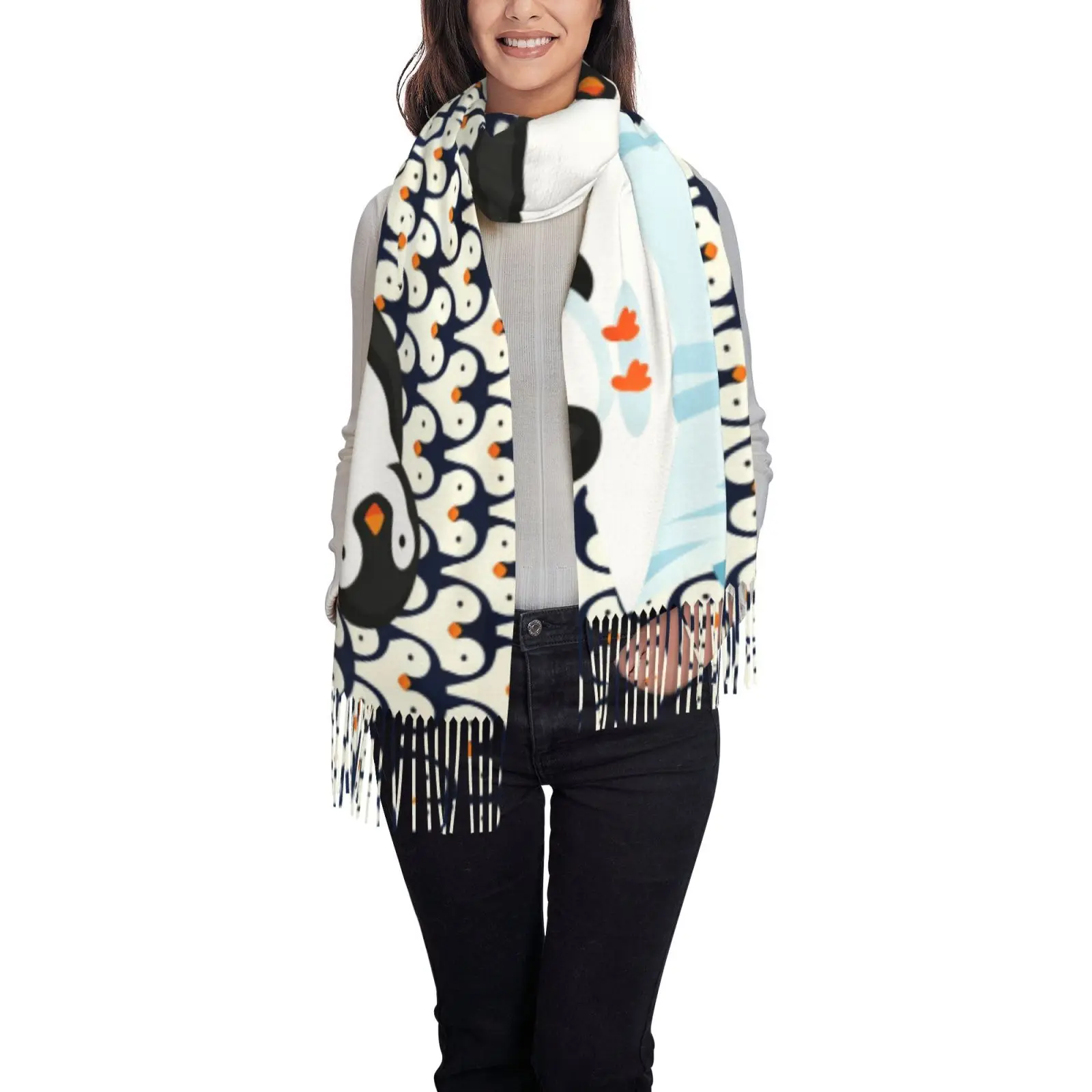 Cute Penguin On Iceberg Print Shawl Scarf Women Lightweight Fringe Wrap Scarf Winter Casual Fashion Cape