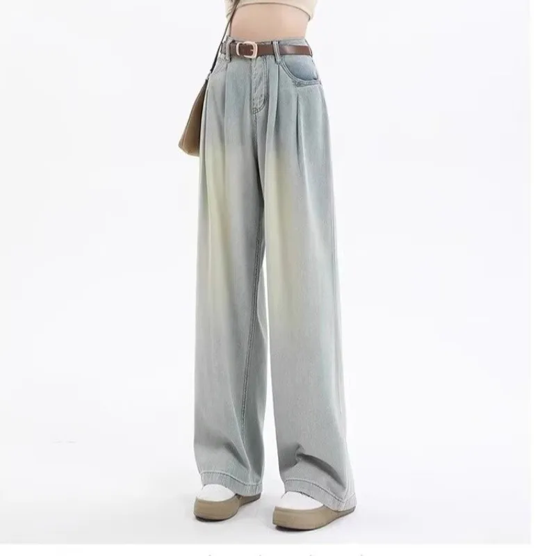 High Waist Wide Leg Denim Jeans Women's Fashionable New Style Pleated Slimming Folded Casual Straight Long Pants