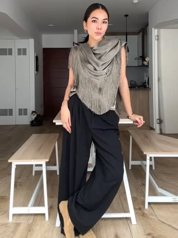 

Tassel Patchwork Irregular Top Shawl Women 2025 Autumn Fashionable O-neck Pullover Versatile Tops New Designer Female Streetwear