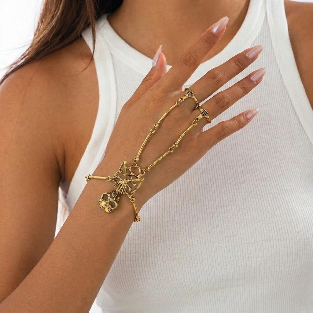 Gothic Hip Hop Skull Hand Chain Bracelet for Women Dark Statement Finger Chain Slave Bracelet Street Style Jewelry Gifts