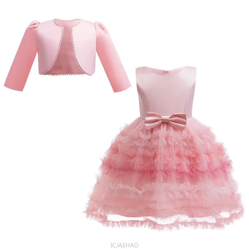 Wed Dress Pink Kids Girls Sleeveless Bow Dresses Tulle Skirt Children Pearl Long Sleeve Single Button Coat 2 Piece Satin Set - view 2